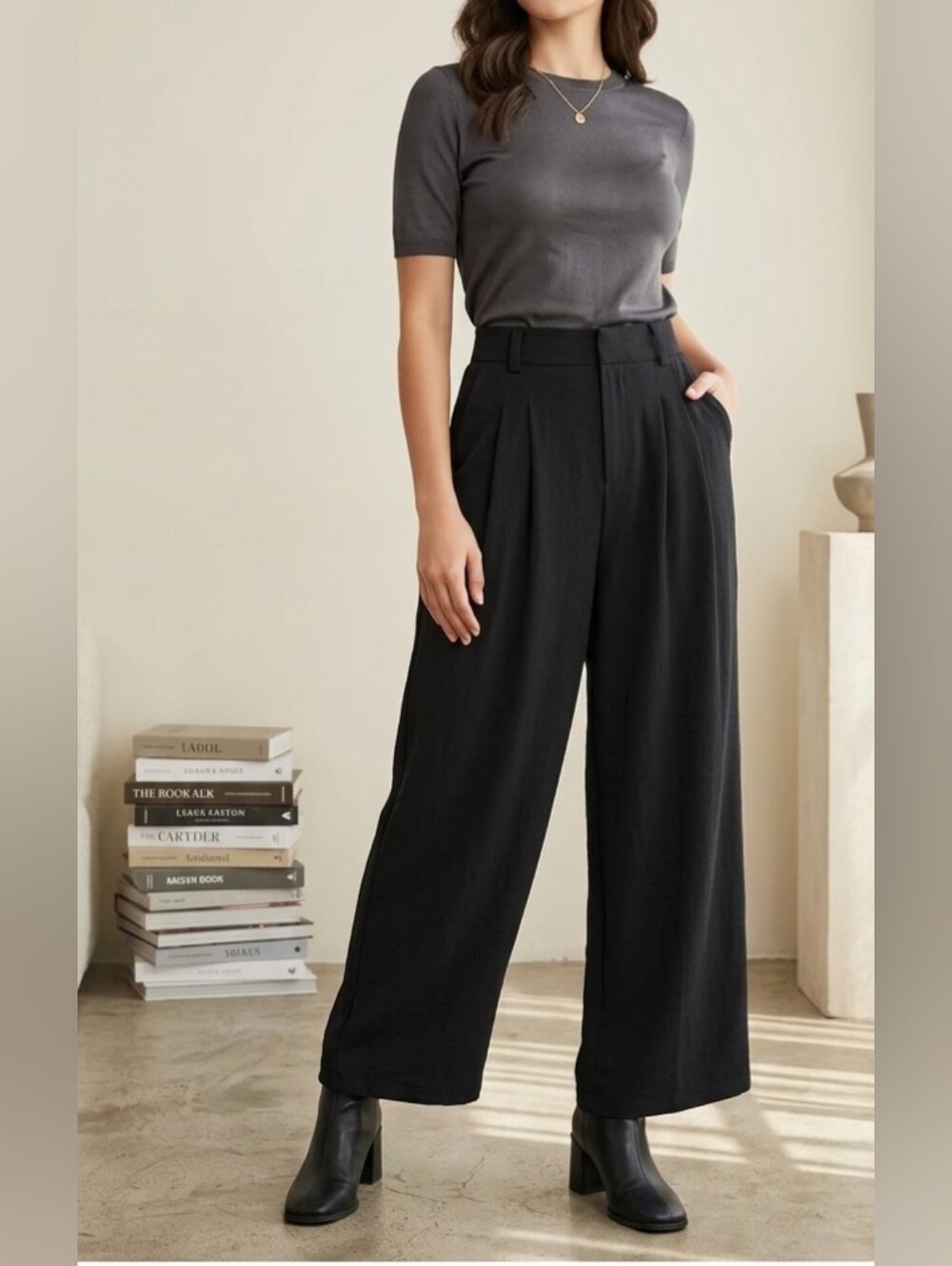 Black High Waisted Pleated Wide Leg Pants Dark Academia Casual Flowy Workwear